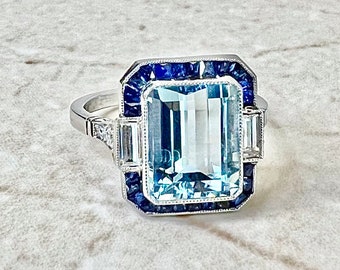 Very Fine Handcrafted Platinum Art Deco Style Aquamarine, Sapphire & Diamond Halo Ring - Cocktail Ring - Engagement Ring - Promise Ring