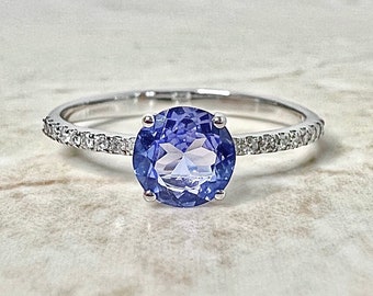 Anillo solitario de tanzanita y diamante de 14 quilates - Anillo de cóctel de tanzanita en oro blanco - Piedra natal de abril y diciembre - Regalo de cumpleaños - El mejor regalo para ella