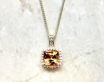 14K Citrine & Diamond Halo Pendant Necklace - Yellow Gold Pendant Necklace - November Birthstone - Genuine Gemstone - Birthday Gift For Her