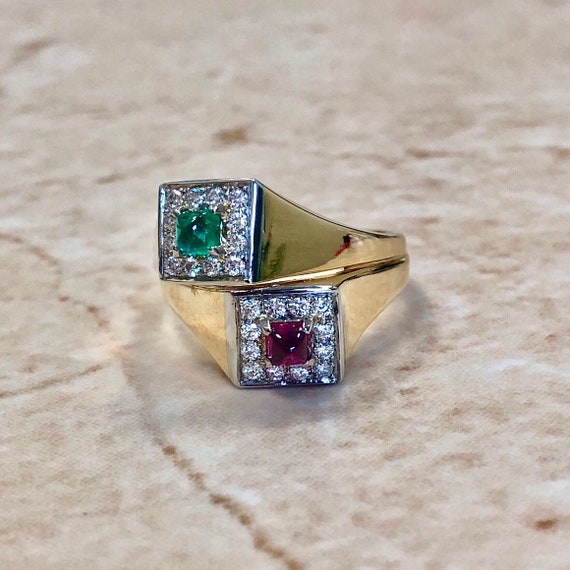 18K Vintage Italian Natural Emerald Ruby Diamond Toi Et Moi Ring