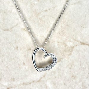 14K Natural Diamond Heart Pendant Necklace - Solid 14K White Gold Open Heart Necklace - Diamond Necklace - Everyday Necklace - Gift For Her