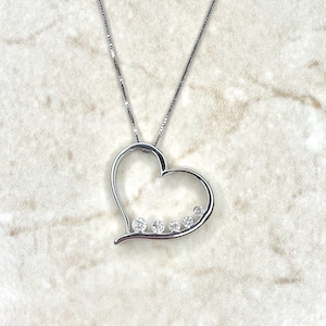 14K Graduated Diamond Heart Pendant Necklace - Solid 14K White Gold Open Heart Necklace - Diamond Necklace - Valentine’s Day Gift For Her