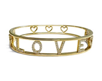 ZYDO Italy "Amore Prezioso" 18K Yellow Gold LOVE Natural Diamond Bangle Bracelet - Stackable Diamond Bracelet - 18K Gold Heart Bracelet