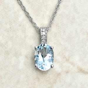 14K Oval Aquamarine Pendant Necklace - 14K White Gold Aquamarine Necklace - Aquamarine & Diamond - March Birthstone Necklace - Gift For Her