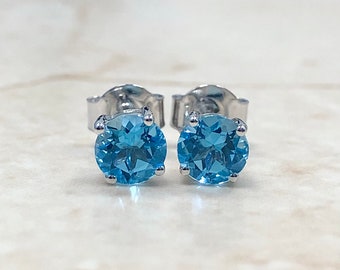 14K Blue Topaz Stud Earrings - Swiss Blue Topaz - White Gold Blue Topaz Earrings 5MM - November December Birthstone - Birthday Gift For Her