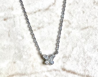 Tiny 14K Diamond Butterfly Pendant Necklace - 14K White Gold Diamond Pendant - Gold Butterfly Necklace - Diamond Necklace - Gift For Her