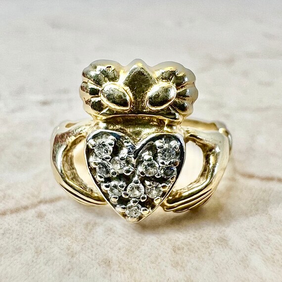 Vintage 14K Gold Diamond Claddagh Ring - Promise … - image 2