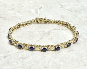 Vintage 14K Sapphire & Diamond Bracelet - 14K Yellow Gold Sapphire Bracelet - XO Bracelet - September Birthstone Bracelet - Gift For Her