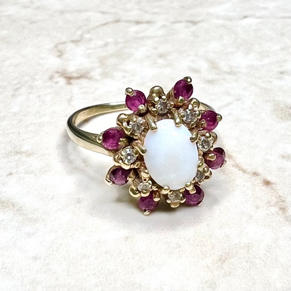 Vintage 10K Natural Opal Diamond & Ruby Halo Ring… - image 1