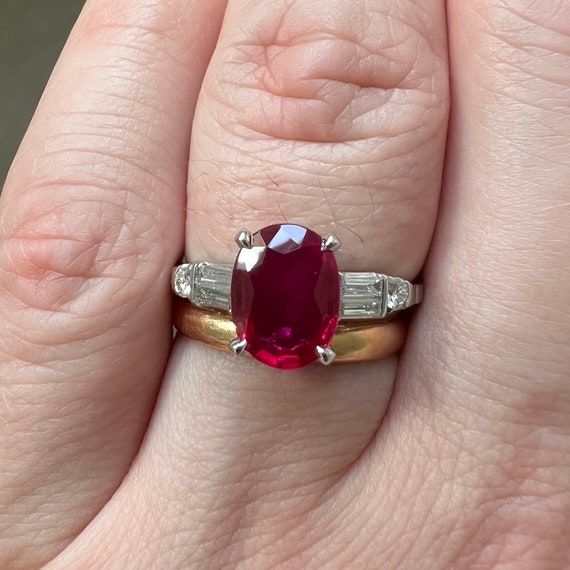 Vintage Handcrafted Platinum Ruby & Diamond Ring … - image 2