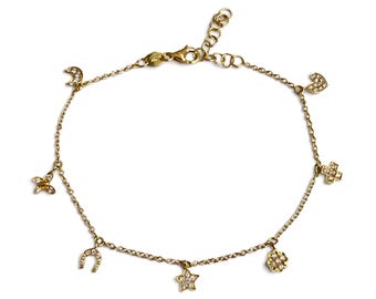 ZYDO Italy "Fortuna Mia" Adjustable 18K Yellow Gold Diamond Charm Bracelet - Gold Chain Bracelet - Diamond Bracelet - Christmas Gifts