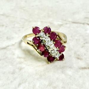 Vintage 14K Gold Natural Ruby & Diamond Cocktail Ring - 14K 2 Tone Gold Ruby Ring - Ruby Cocktail Ring - July Birthstone Ring - Gift For Her