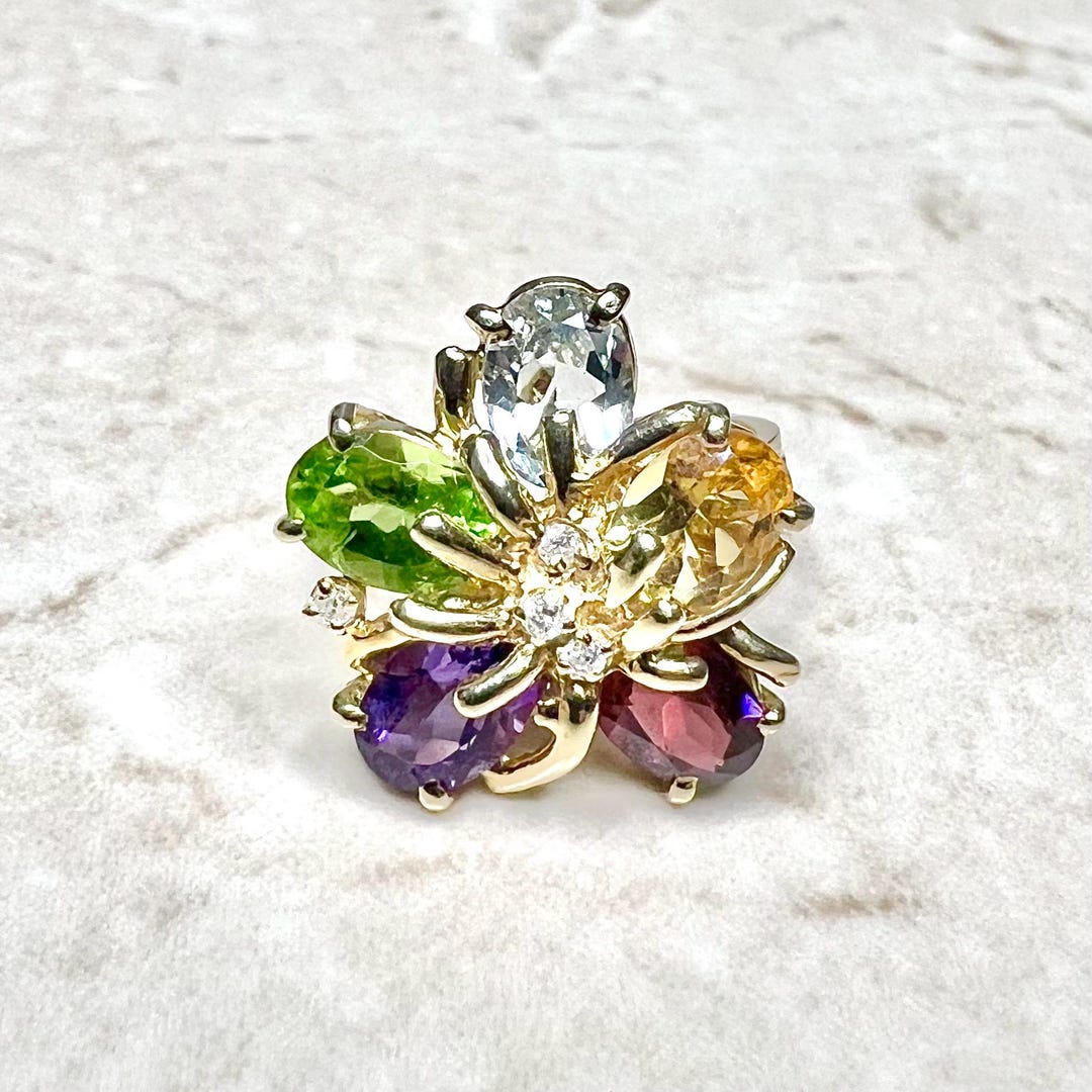 Vintage 14K Gold Multi Gemstone Flower Ring - 14K Yellow Gold Flower ...