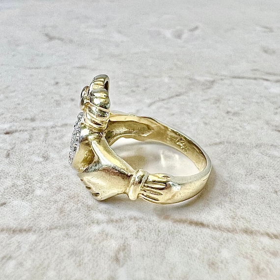 Vintage 14K Gold Diamond Claddagh Ring - Promise … - image 7