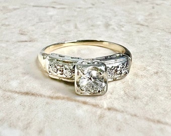 Vintage Retro Diamond Engagement Ring Circa 1940 - 14K Two Tone Gold Ring - Diamond Wedding Ring - Diamond Solitaire Ring -Vintage Solitaire