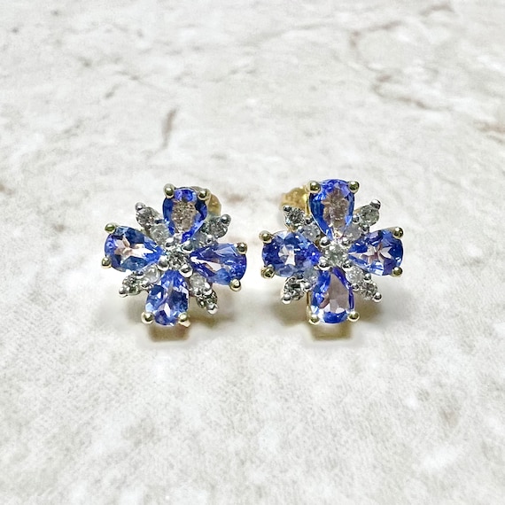 10K Tanzanite Stud Earrings - 10K Two Tone Gold Ea