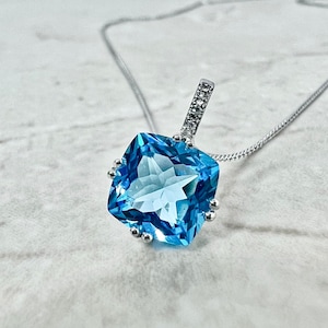 14K Swiss Blue Topaz & Diamond Pendant Necklace - White Gold Topaz Pendant - November December Birthstone Necklace - Birthday Gift For Her