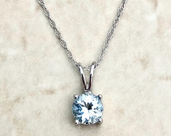 14K Round Aquamarine Pendant Necklace - 14K White Gold Aquamarine Necklace - March Birthstone Necklaces For Women - Birthday Gift For Her