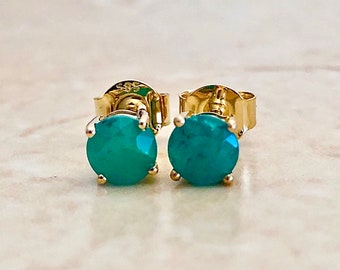 Natural Emerald Stud Earrings - 14 Karat Yellow Gold - May Birthstone - Genuine Gemstone - Push Backs