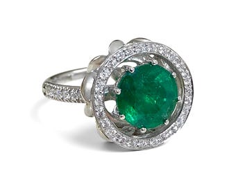 ZYDO Italy "Giardino Divino" 18K White Gold Natural Emerald & Diamond Halo Ring - Emerald Engagement Ring - Emerald Ring - Statement Ring