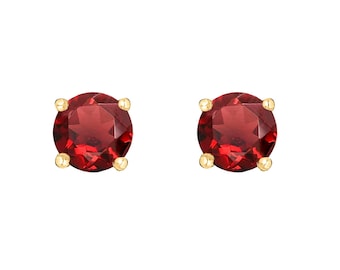 14K Gold Round Garnet Stud Earrings - Solid 14K Yellow Gold Garnet Earrings - January Birthstone Earrings - January Birthday Gift For Her