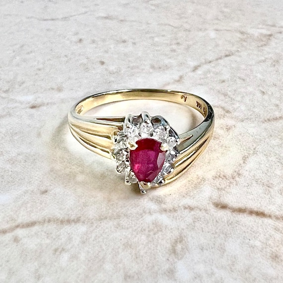 14K Ruby & Diamond Halo Ring - 14K Yellow Gold Ruby Ring - Ruby Halo Ring - Ruby Engagement Ring - Ruby Promise Ring - Ruby Cocktail Ring