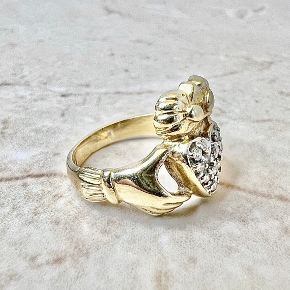 Vintage 14K Gold Diamond Claddagh Ring - Promise … - image 5