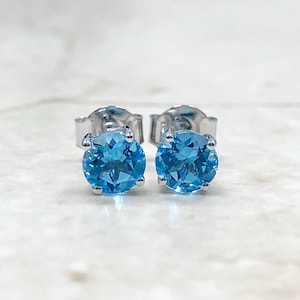 14K Blautopas Ohrstecker 5 MM - Massive 14K Weißgold Schweizer Blautopas Ohrringe - Dezember Geburtsstein Ohrringe - Geburtstagsgeschenk für Sie