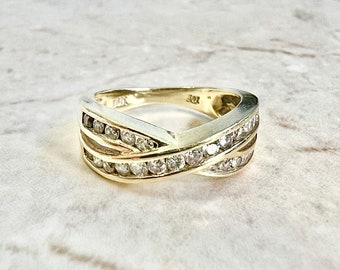 Vintage 14K Diamond Crossover Band Ring - Yellow Gold Diamond Ring - Diamond Wedding Ring - Diamond Cocktail Ring - Best Gifts For Her