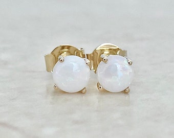 Round Opal Stud Earrings 14K - Yellow Gold Opal Studs - Gold Opal Earrings 14K - Genuine Opal Earrings Stud - October Birthstone Earrings
