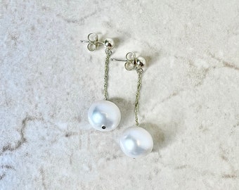 14K White Pearl Drop Earrings - Yellow Gold Pearl Earrings Dangle - Genuine Pearl Dangle Earrings - June Birthstone Earrings - Birthday Gift