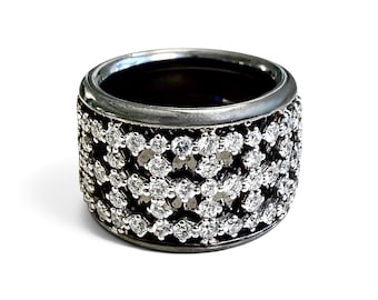 ZYDO Italy "Notte Stellata" Black Rhodium 18K White Gold 3.18 CTW Natural Diamond Eternity Band Ring - Wide Diamond Band - Statement Ring