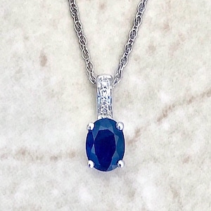 14K Oval Blue Sapphire And Diamond Pendant Necklace - 14K White Gold Sapphire Necklace - Sapphire Pendant - September Birthstone Necklace
