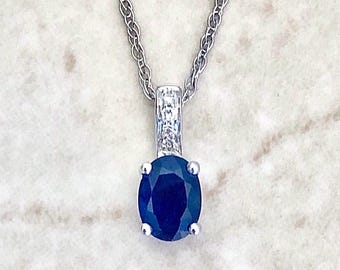 14K Oval Blue Sapphire And Diamond Pendant Necklace - 14K White Gold Sapphire Necklace - Sapphire Pendant - September Birthstone Necklace