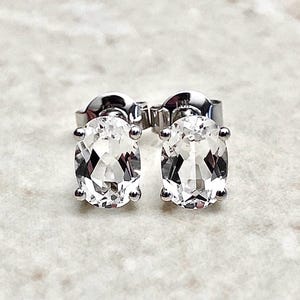 14K Oval White Topaz Stud Earrings - 14K White Gold White Topaz Earrings - November Birthstone Earrings For Women - Birthday Gift For Her