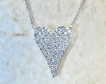 Collar con corazón de oro macizo de 14 quilates y pavé de diamantes de 1/2 quilates - Collar con colgante de corazón de diamantes en oro blanco de 14 quilates - Collar con corazón de diamantes - Regalo para ella