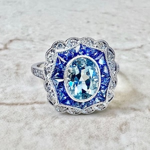 Very Fine Handcrafted Platinum Art Deco Style Oval Aquamarine, Sapphire & Diamond Halo Ring - Cocktail Ring - Engagement Ring - Promise Ring