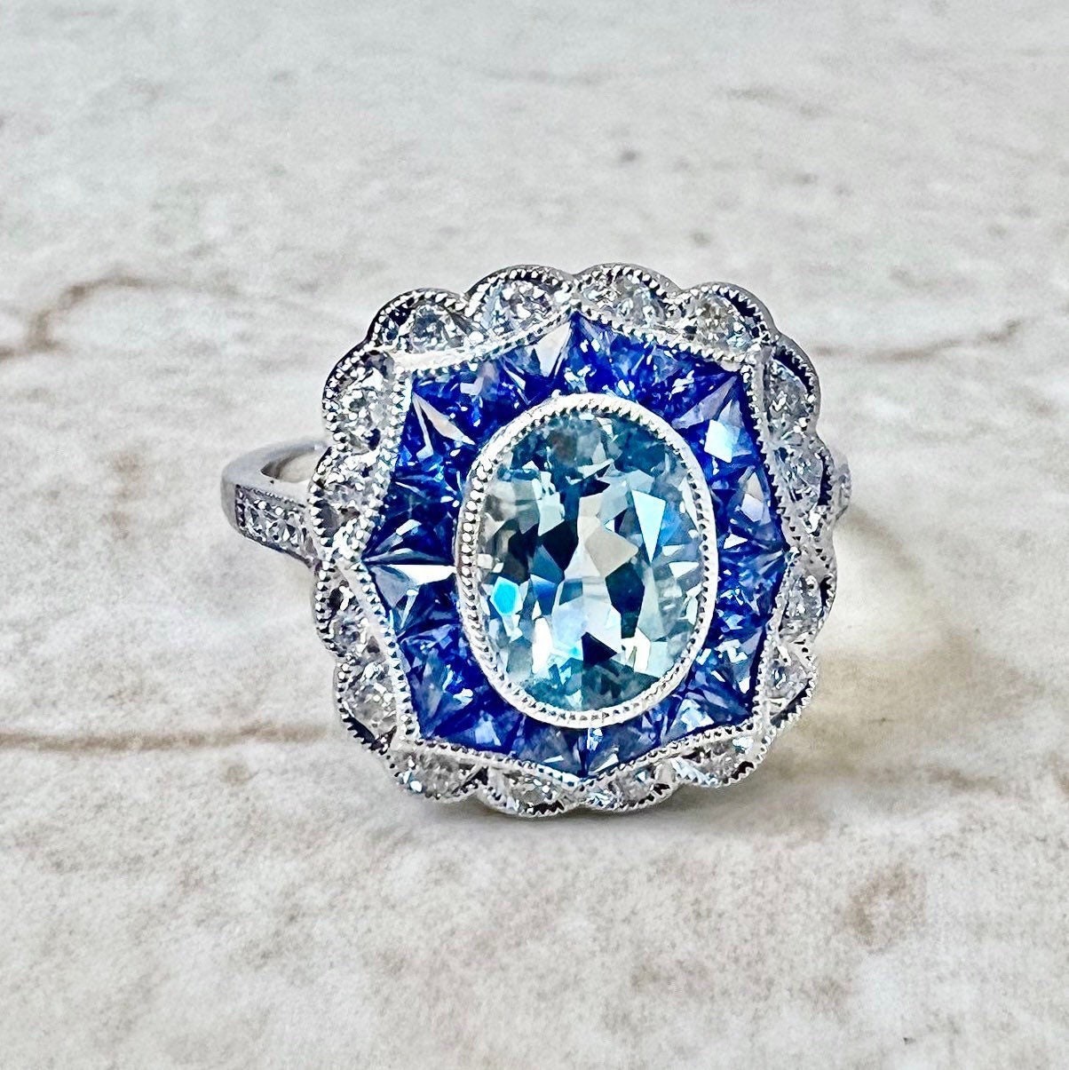 Very Fine Handcrafted Platinum Art Deco Style Oval Aquamarine, Sapphire & Diamond Halo Ring - Cocktail Ring - Engagement Ring - Promise Ring