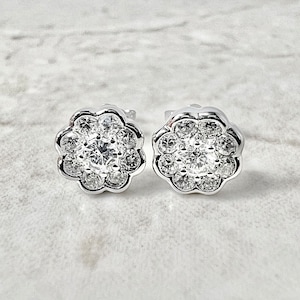 14K Diamond Halo Earrings - 14K White Gold Diamond Studs - Diamond Halo Stud Earrings - Diamond Earrings - Flower Earrings - Gifts For Her