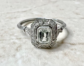 Handcrafted Platinum Art Deco Style Diamond Halo Ring 0.78 CT- Emerald Cut Diamond Halo Engagement Ring - Promise Ring - Vintage Style Ring