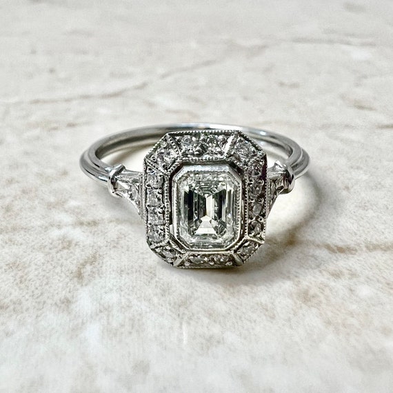Handcrafted Platinum Art Deco Style Diamond Halo Ring 0.78 CT- Emerald Cut Diamond Halo Engagement Ring - Promise Ring - Vintage Style Ring