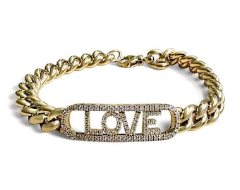 ZYDO Italy "Amore Dorato" 18K Yellow Gold Natural Diamond LOVE Bracelet - Sliding Letters Diamond Bracelet - 18K Gold Curb Chain Bracelet