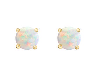 Round Opal Stud Earrings 14K - Yellow Gold Opal Studs - Gold Opal Earrings 14K - Genuine Opal Earrings Stud - October Birthstone Earrings