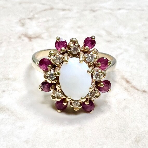 Vintage 10K Natural Opal Diamond & Ruby Halo Ring… - image 2