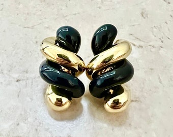 Fine Vintage 18 Karat Gold & Onyx Earrings By Carvin French - Gold Spiral Earrings - Statement Earrings - Cocktail Earrings - Gifts For Mom