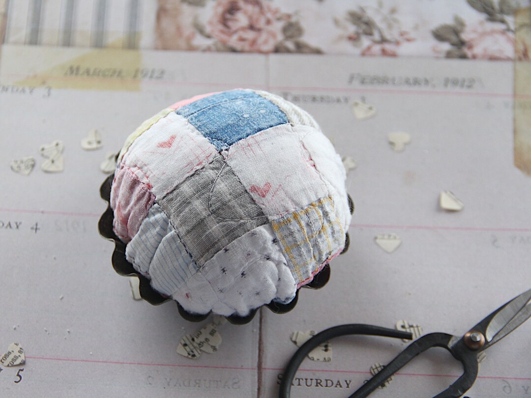 Handmade Pincushions Antique French Tart Tin Repurposed Vintage Quilt