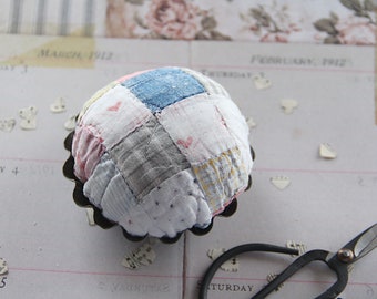 Handmade Pincushions - antique French tart tin - repurposed vintage quilt