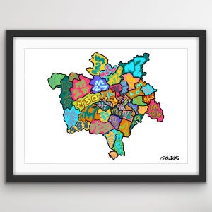 May include: A colorful map of Manchester, England, with each district labeled with its postal code. The map is drawn in a graffiti style with bright colors and bold lettering. The map is signed "CBOURKE" in the bottom right corner.