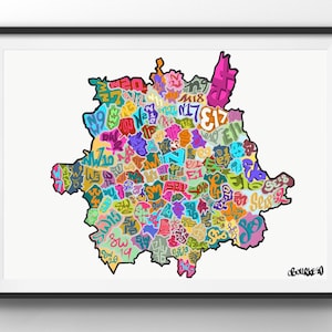 May include: A colorful map of London, England, with each postal code represented by a different color and shape. The map is outlined in black and includes the text "@boulevard40".