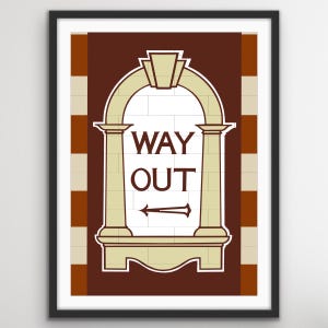May include: Framed art print with a "WAY OUT" sign and arrow. The sign is cream-colored with brown accents, set against a dark brown background with a cream and brown striped border. The artwork has a vintage, retro aesthetic, reminiscent of classic signage.